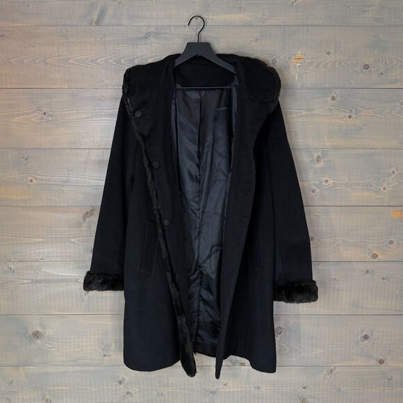 Vintage Black Wool Blend Overcoat w/ Faux Fur Trim Fits Women's L - XL - Picture 3 of 5